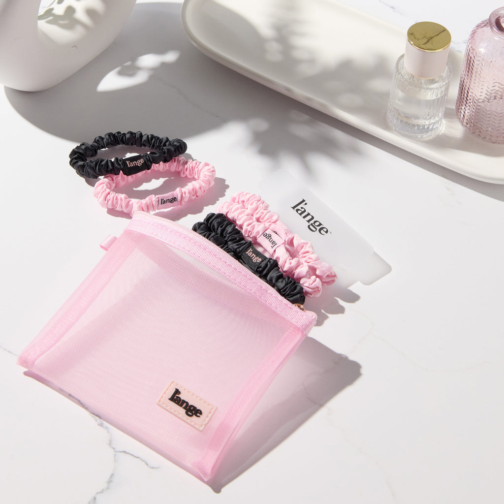 Small Satin Scrunchies 6 Piece Set - Black and Blush